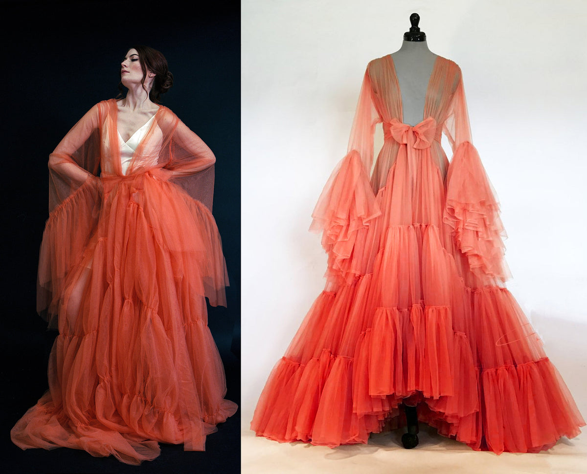Tulle Ruffled Sleeves Layered Fringe Long Robe Dress by SelenaHuanStudio