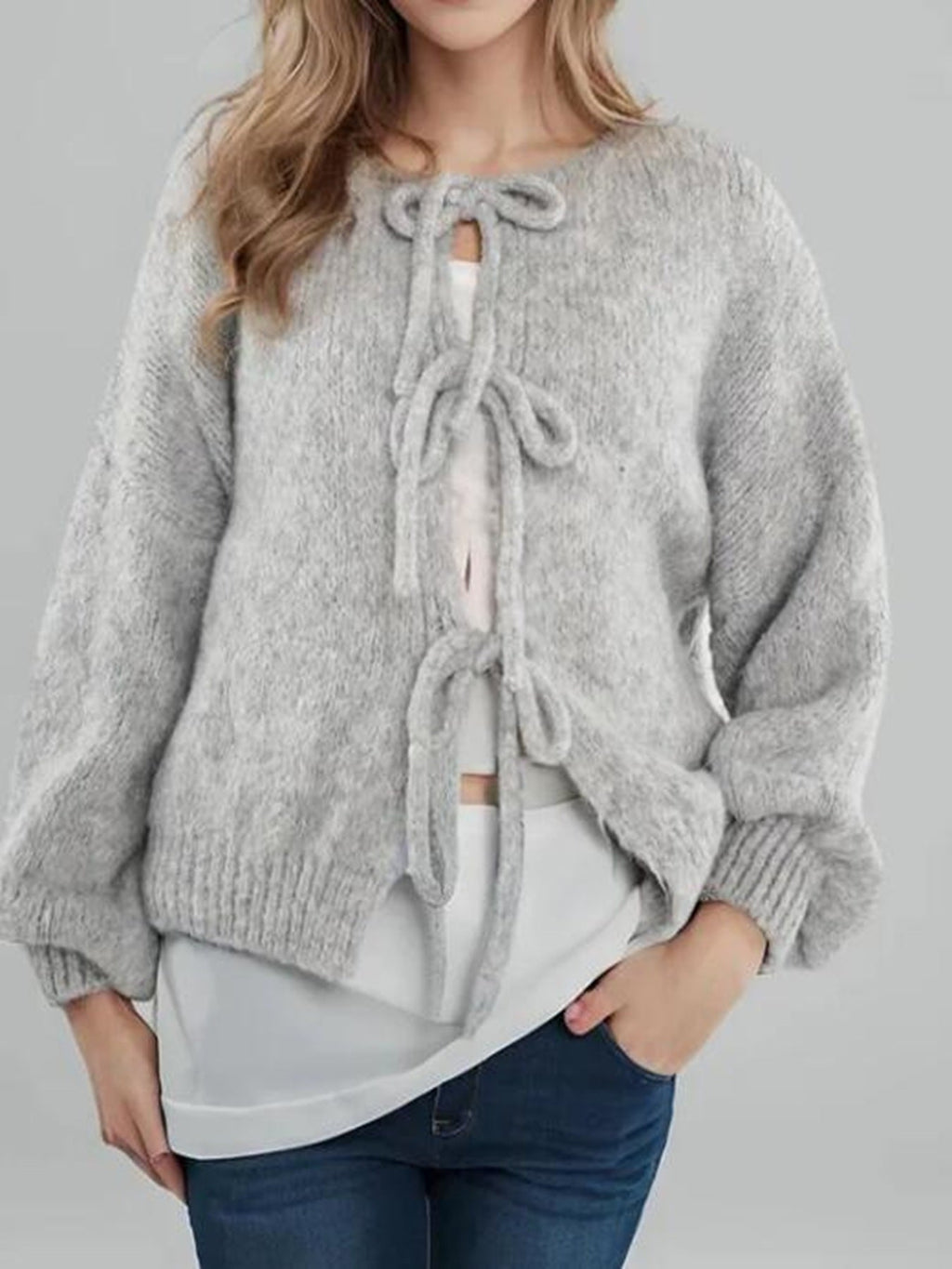 V-neck front tie Cardigan by Miss Sparkling