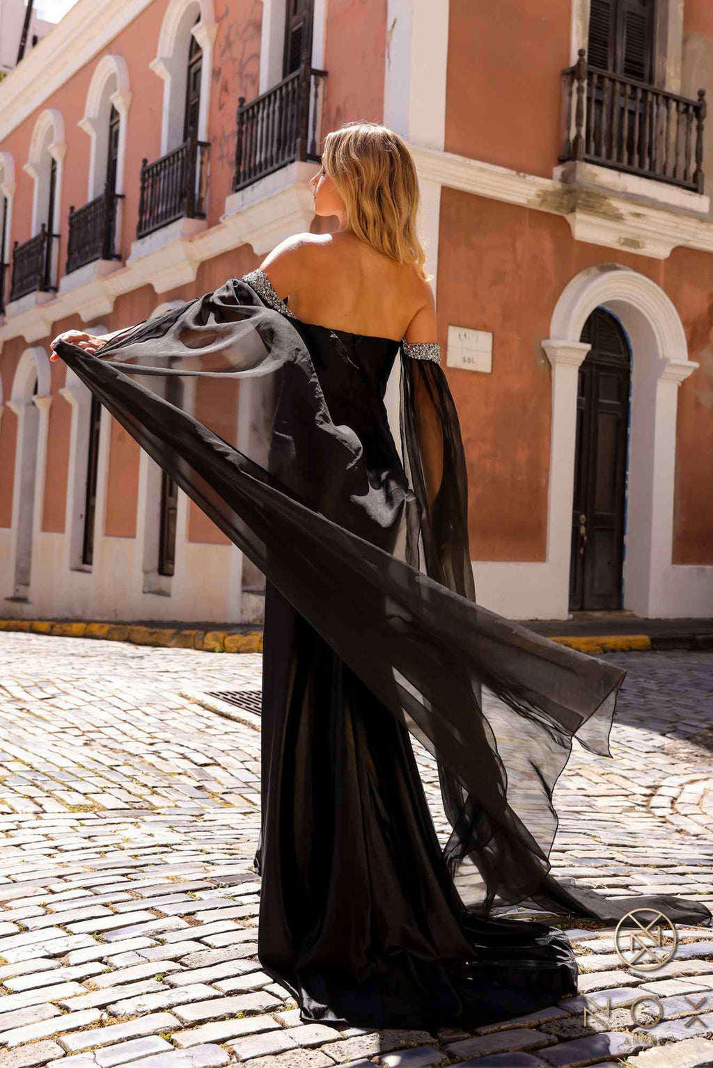 Nox Anabel R1312 Long Chiffon Cape Sleeve Fitted Satin Formal Gown by DiscountDressShop