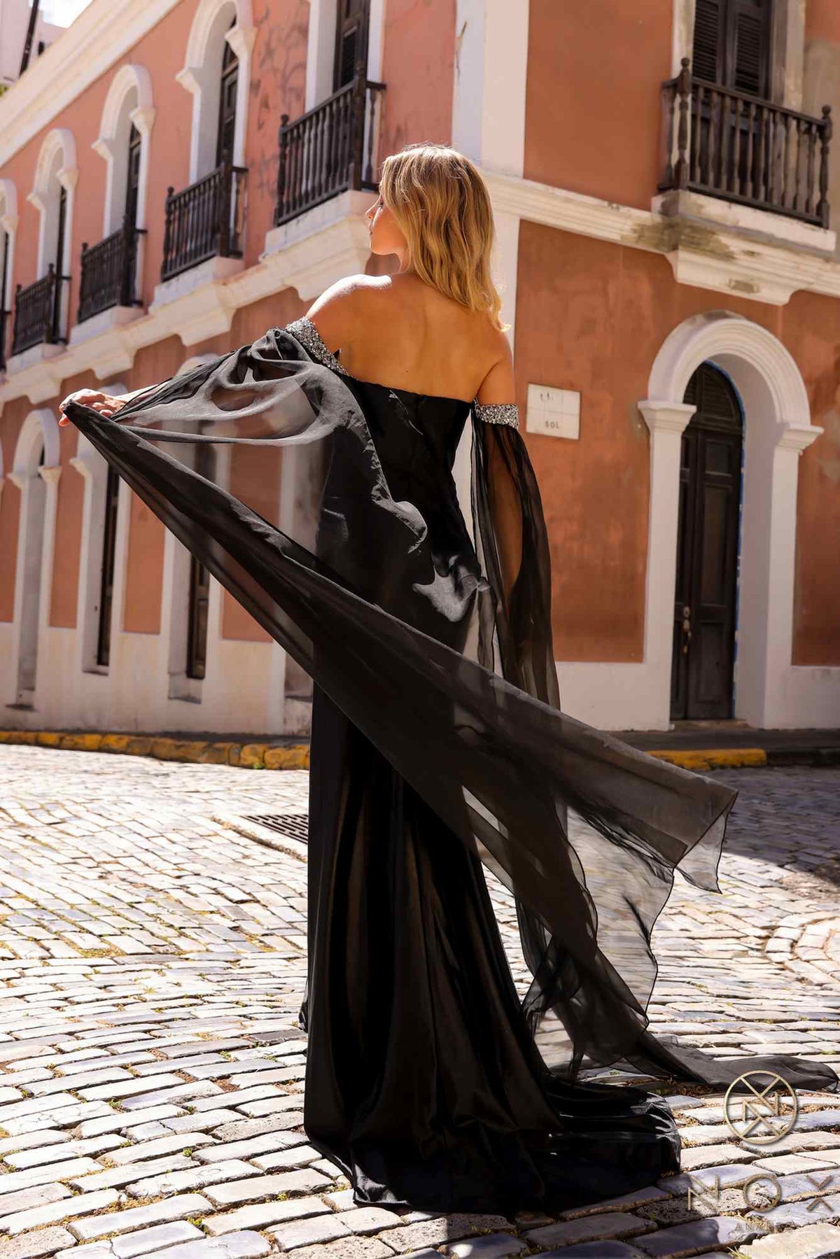 Nox Anabel R1312 Long Chiffon Cape Sleeve Fitted Satin Formal Gown by DiscountDressShop
