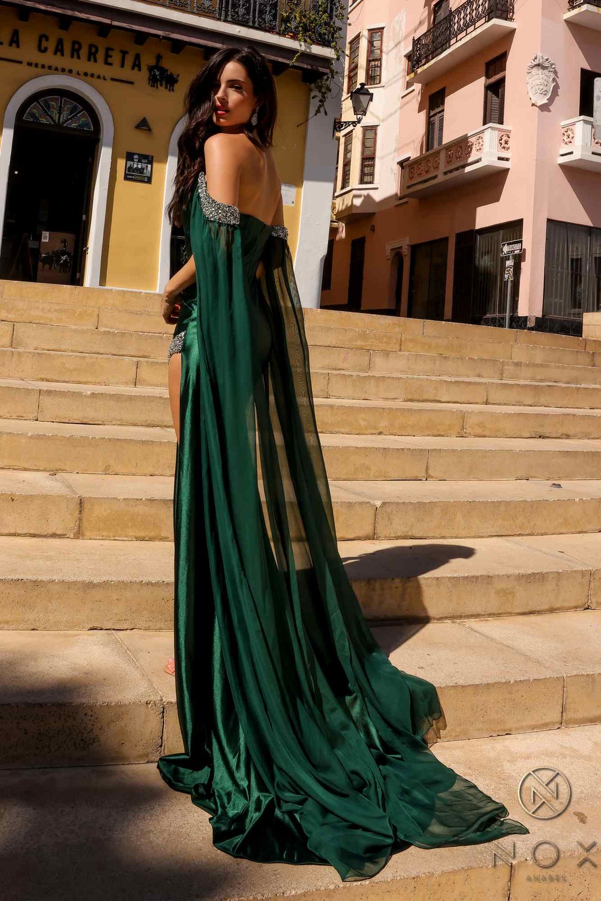 Nox Anabel R1312 Long Chiffon Cape Sleeve Fitted Satin Formal Gown by DiscountDressShop