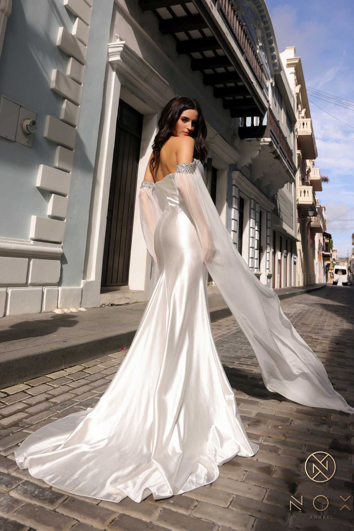 Nox Anabel R1312 Long Chiffon Cape Sleeve Fitted Satin Formal Gown by DiscountDressShop