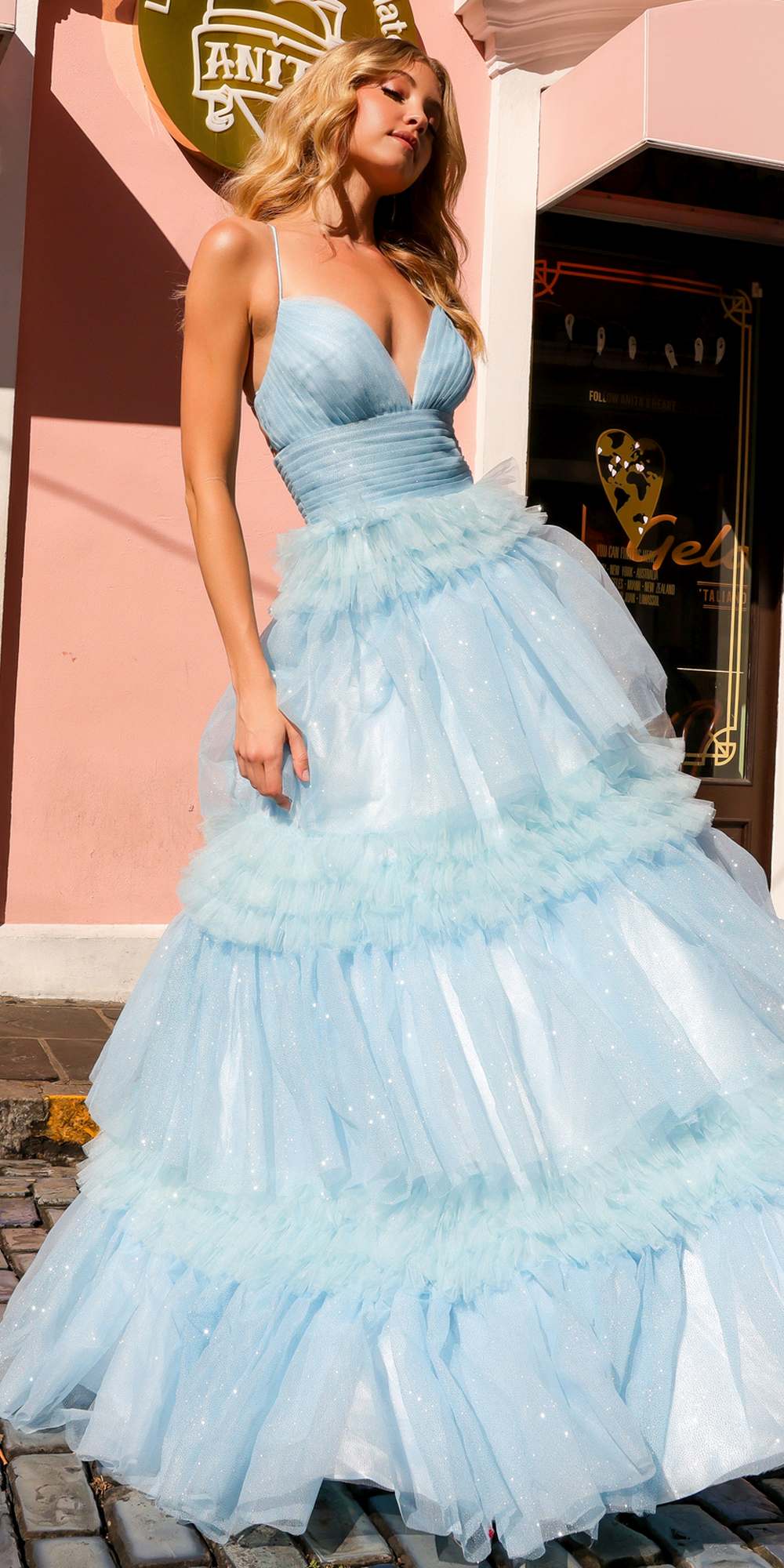 Nox Anabel R1316 Long Glitter Ruffled Tiered A-Line Sleeveless Gown by DiscountDressShop