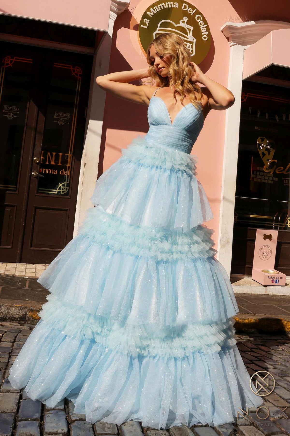 Nox Anabel R1316 Long Glitter Ruffled Tiered A-Line Sleeveless Gown by DiscountDressShop
