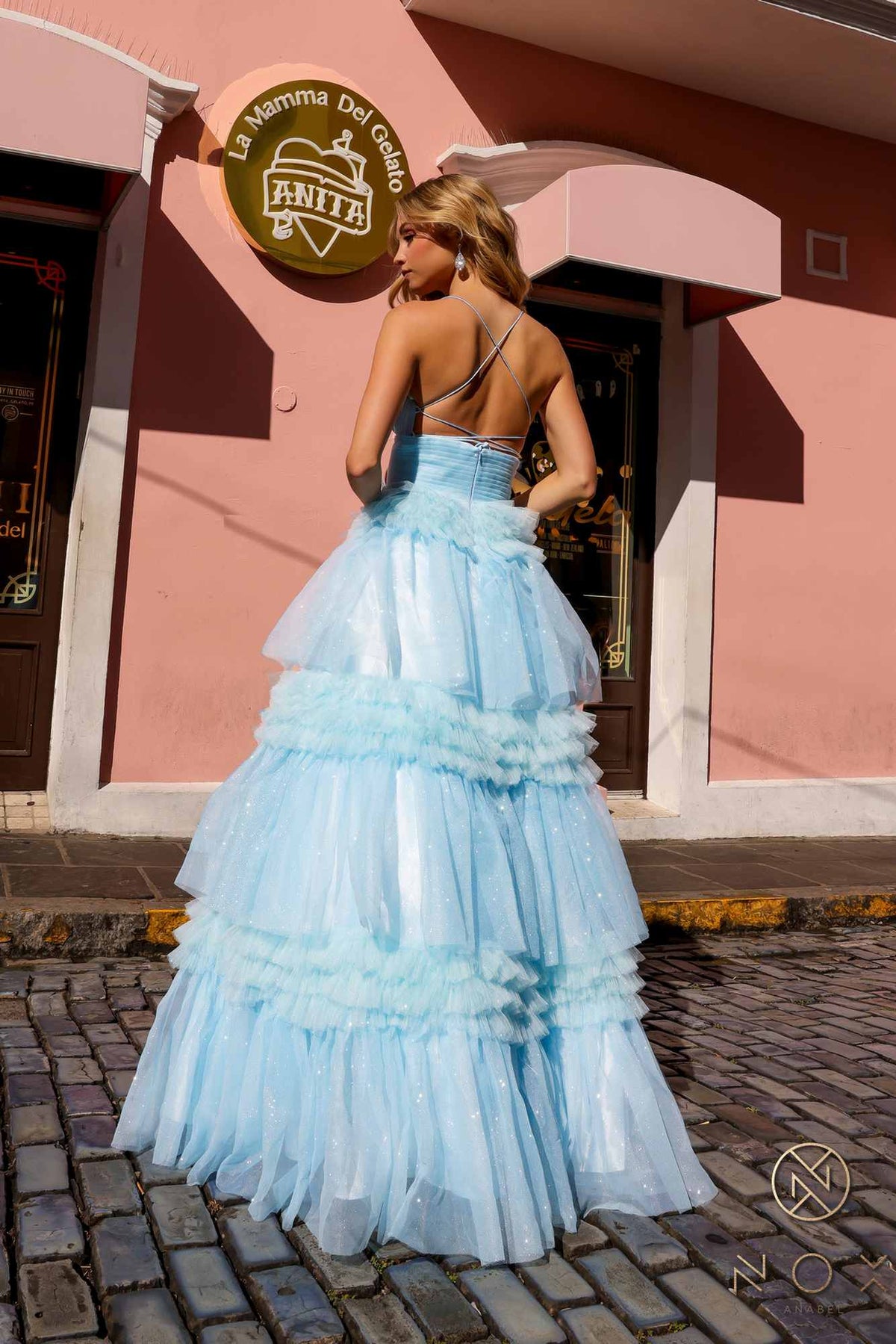 Nox Anabel R1316 Long Glitter Ruffled Tiered A-Line Sleeveless Gown by DiscountDressShop