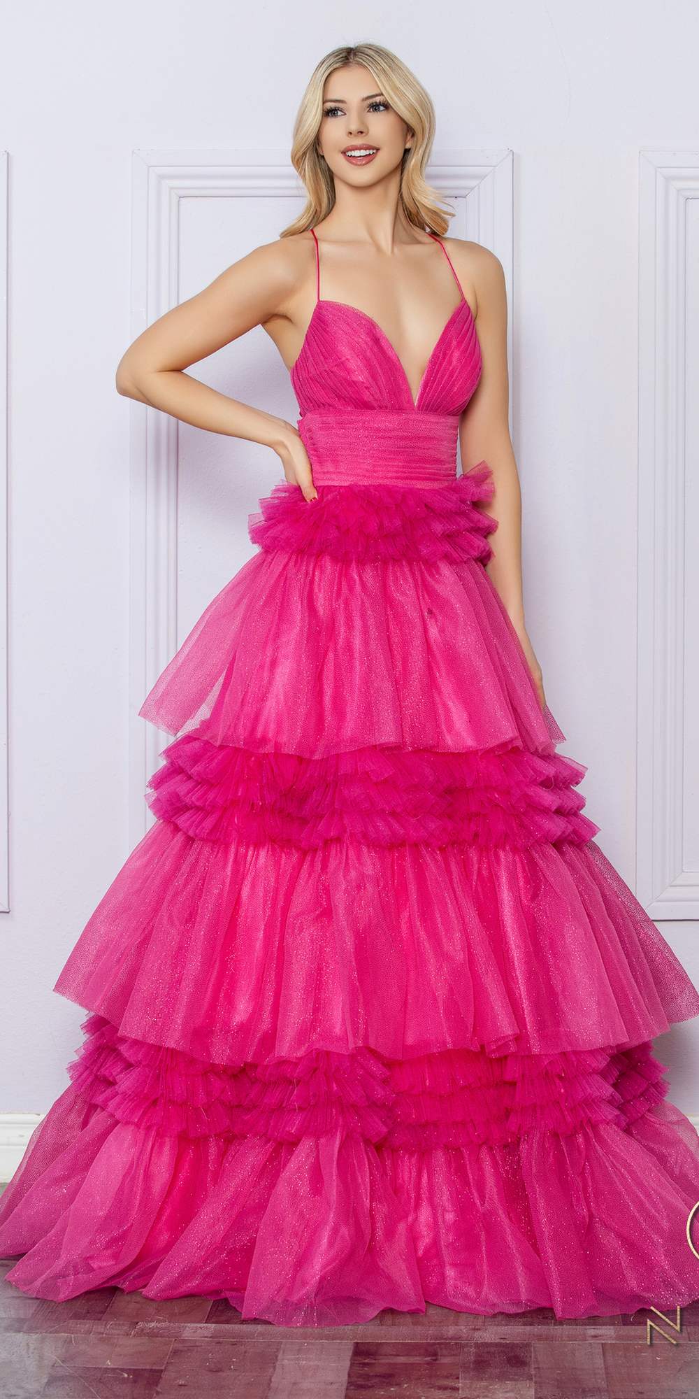 Nox Anabel R1316 Long Glitter Ruffled Tiered A-Line Sleeveless Gown by DiscountDressShop
