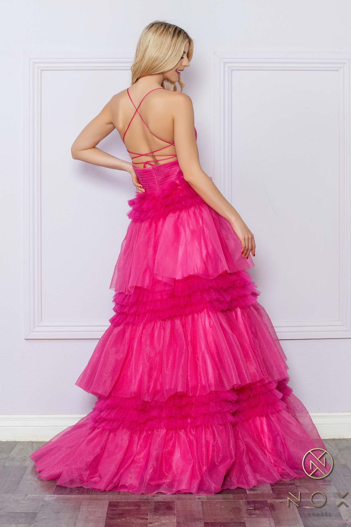 Nox Anabel R1316 Long Glitter Ruffled Tiered A-Line Sleeveless Gown by DiscountDressShop