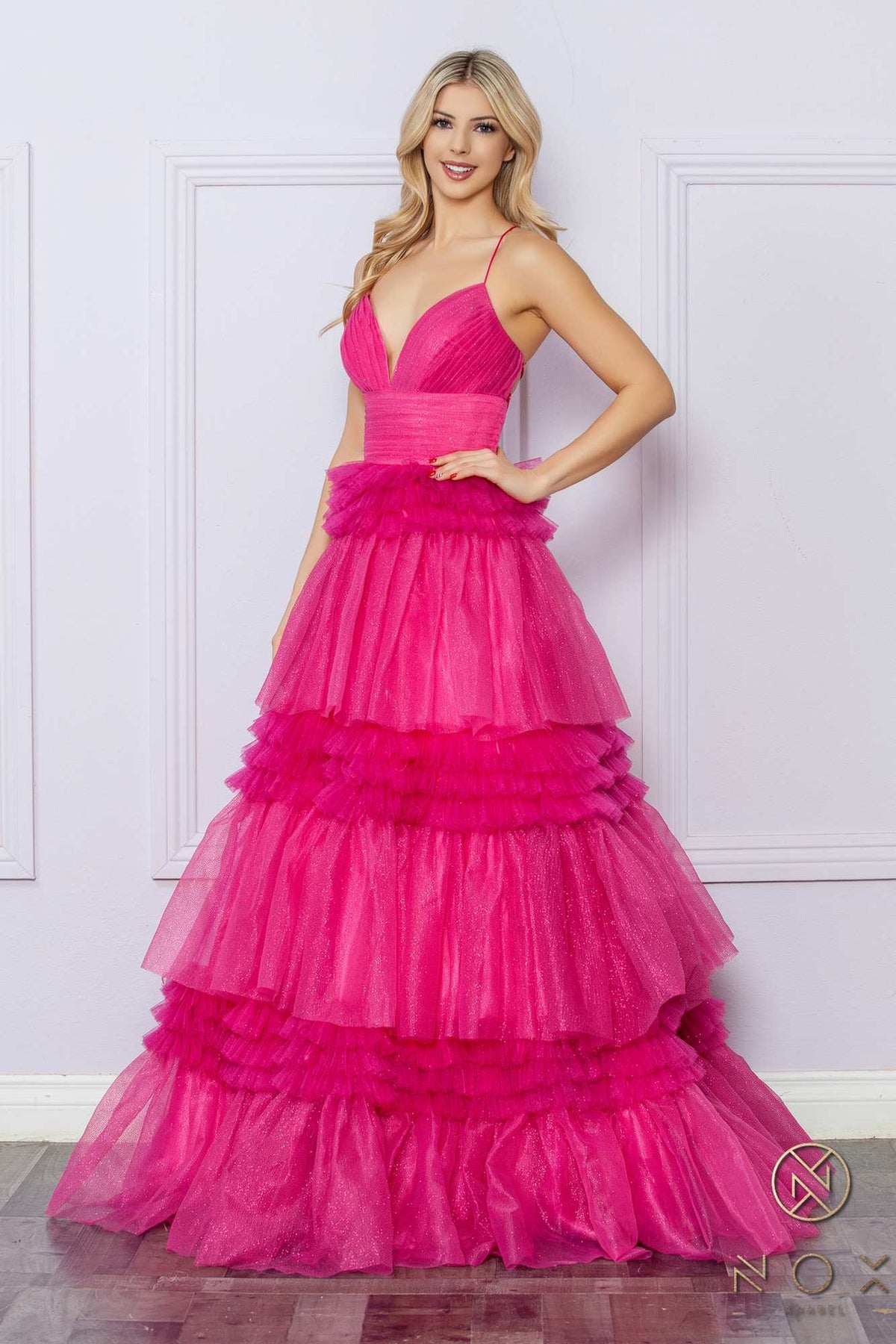 Nox Anabel R1316 Long Glitter Ruffled Tiered A-Line Sleeveless Gown by DiscountDressShop