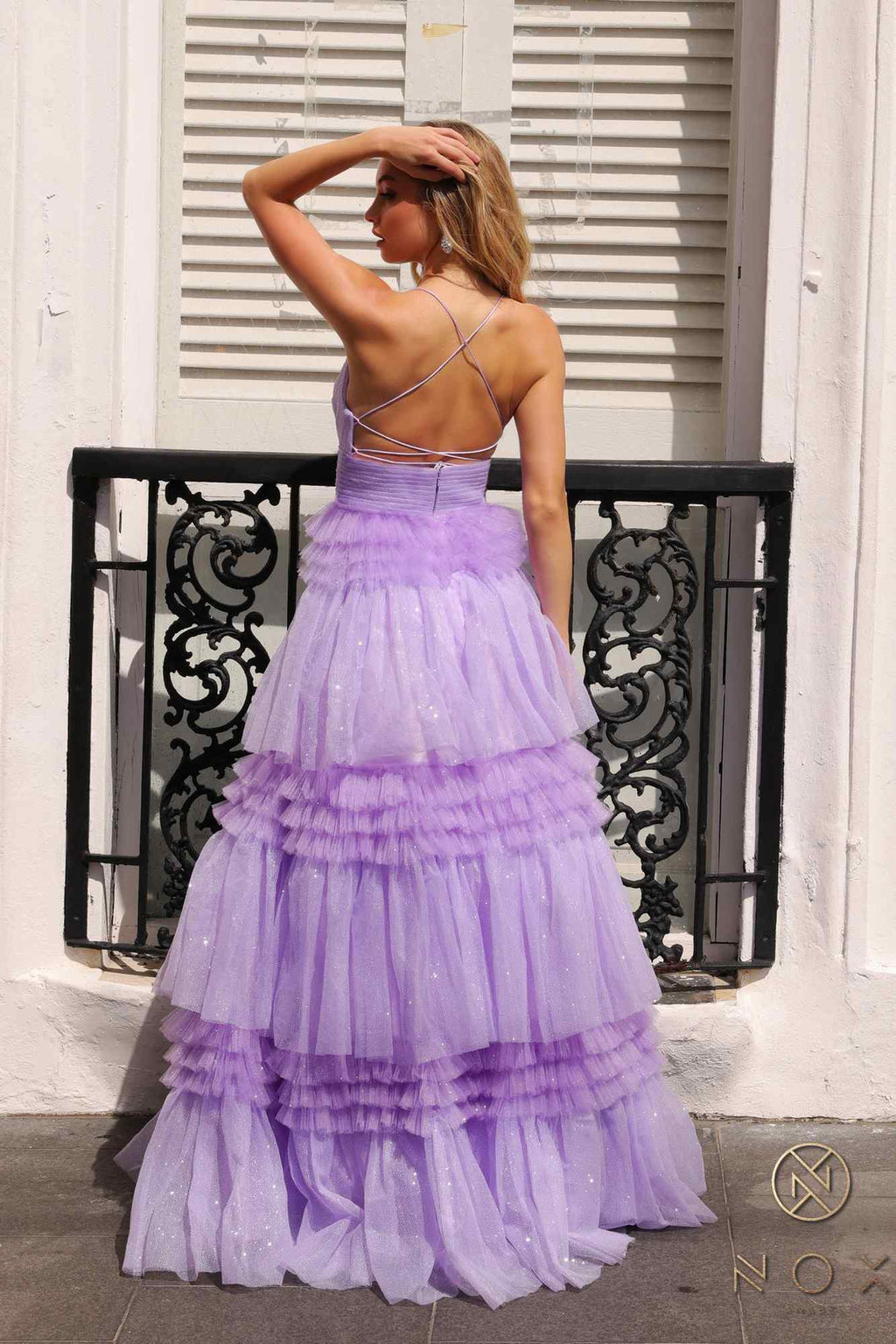 Nox Anabel R1316 Long Glitter Ruffled Tiered A-Line Sleeveless Gown by DiscountDressShop