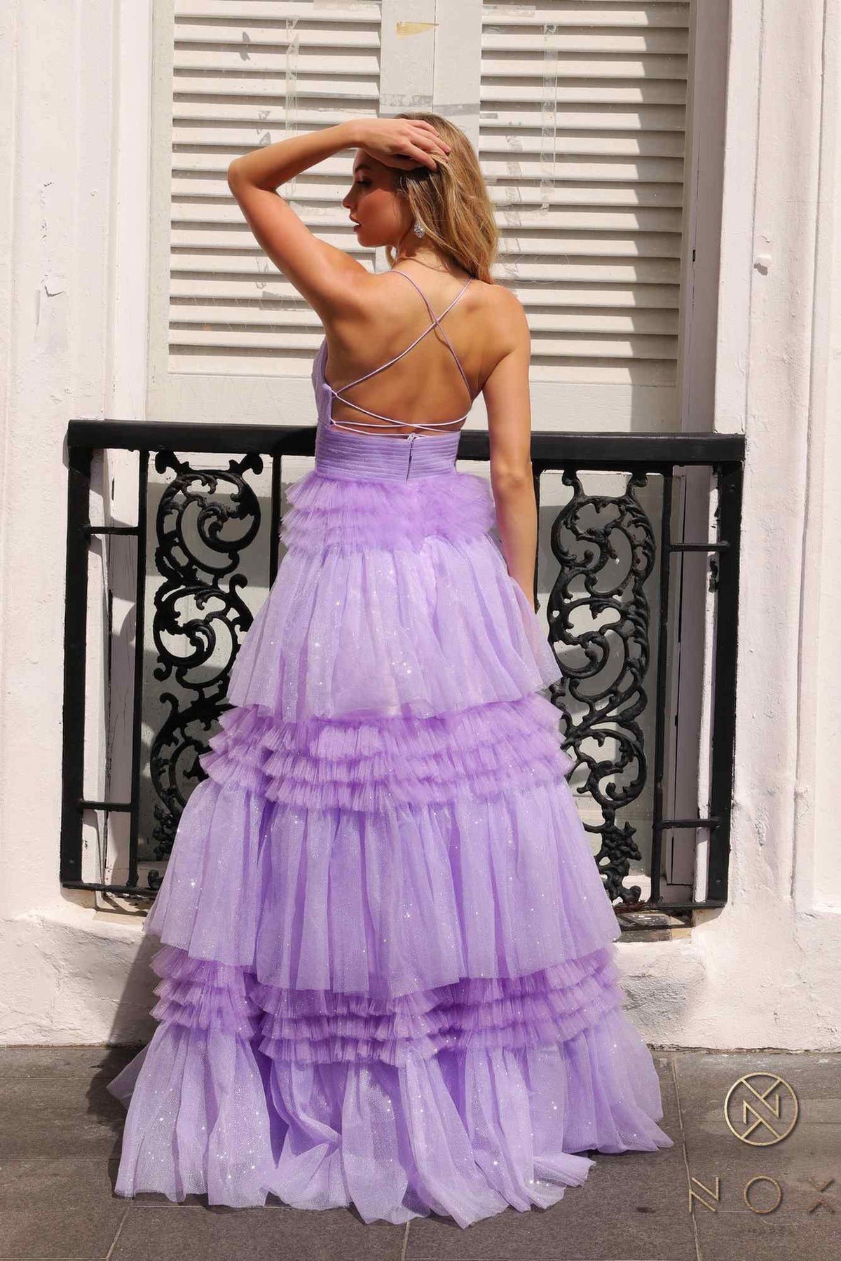 Nox Anabel R1316 Long Glitter Ruffled Tiered A-Line Sleeveless Gown by DiscountDressShop