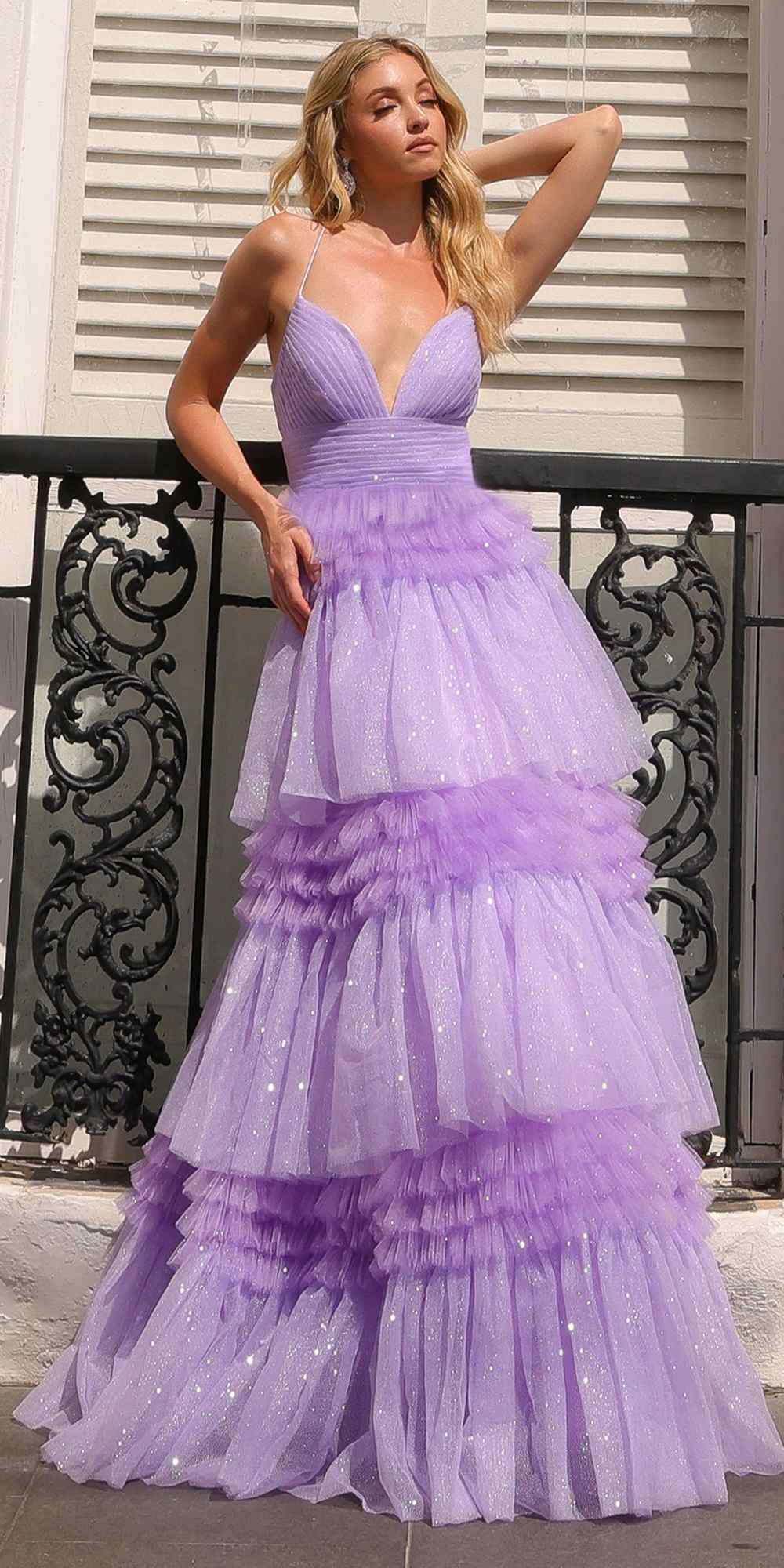 Nox Anabel R1316 Long Glitter Ruffled Tiered A-Line Sleeveless Gown by DiscountDressShop