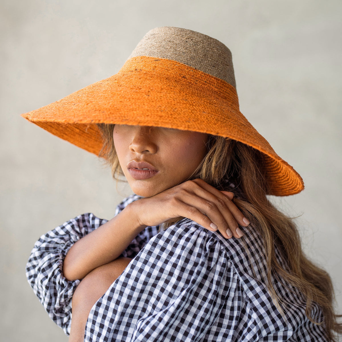 The Riri Duo Jute Straw Hat In Tangerine Orange by BrunnaCo