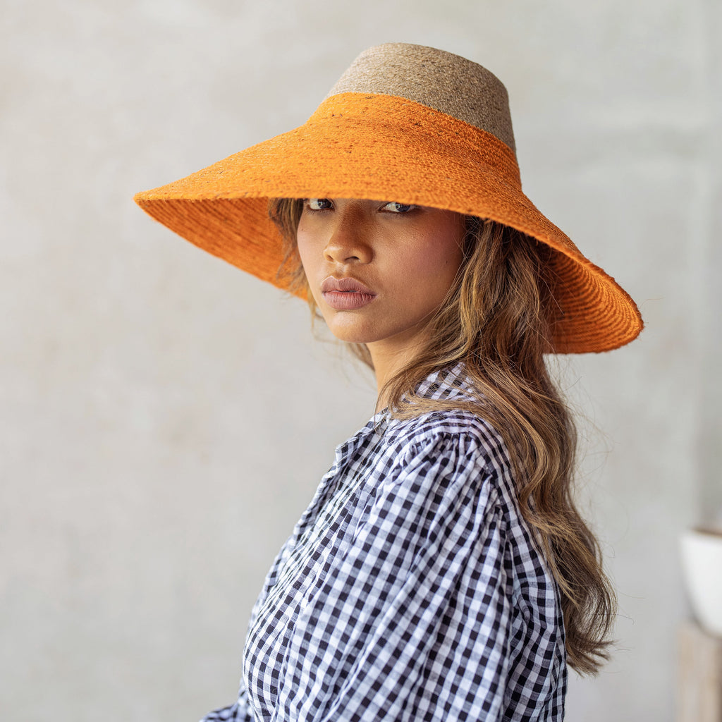 The Riri Duo Jute Straw Hat In Tangerine Orange by BrunnaCo