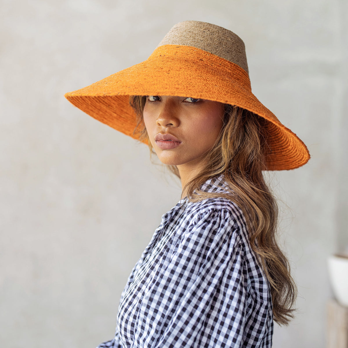 The Riri Duo Jute Straw Hat In Tangerine Orange by BrunnaCo