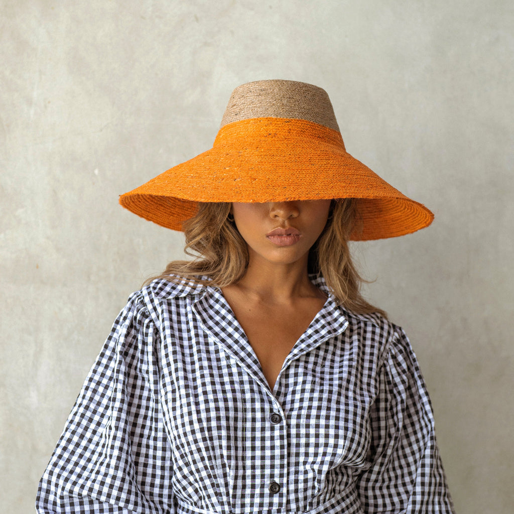 The Riri Duo Jute Straw Hat In Tangerine Orange by BrunnaCo