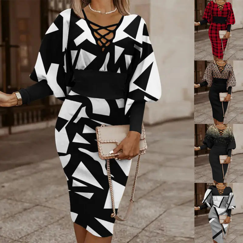 Elegant Women's V-Neck Long Sleeve Pencil Dress by Trendy Attic Store01