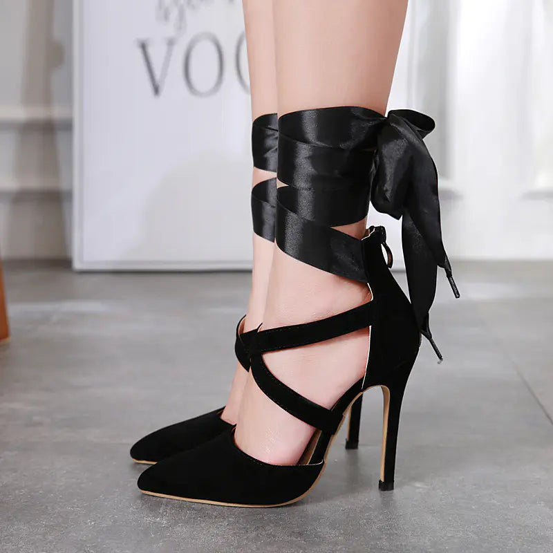 Comfortable Ribbon Sexy Pointed Toe Heeled Sandals by Trendy Attic Store01