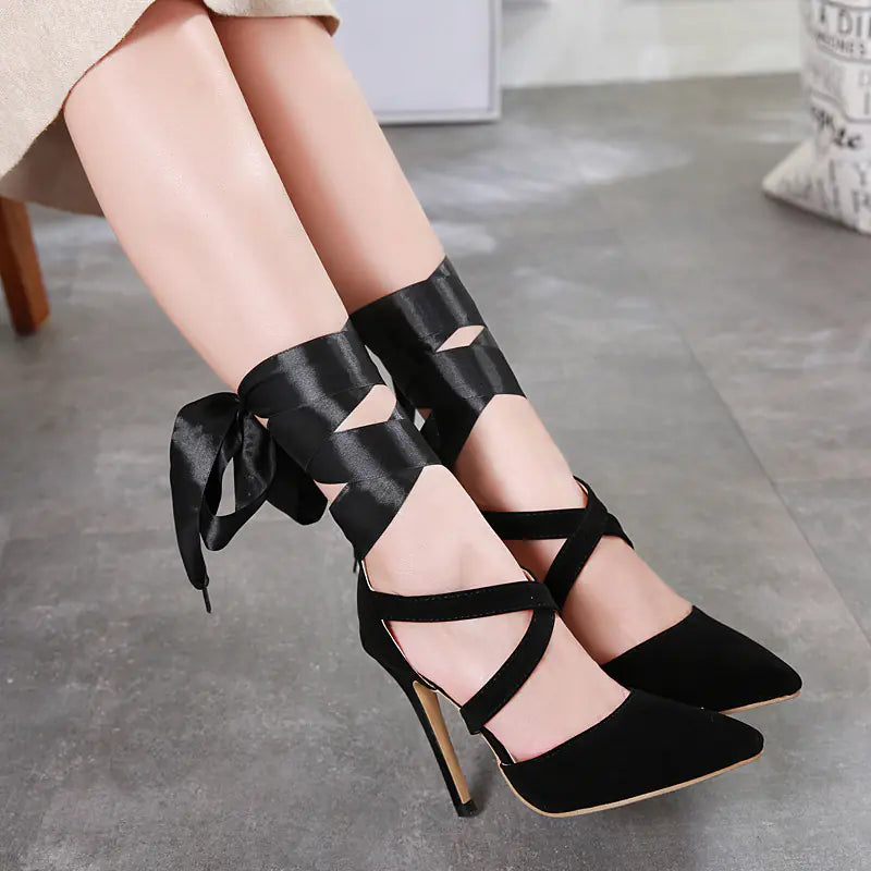 Comfortable Ribbon Sexy Pointed Toe Heeled Sandals by Trendy Attic Store01