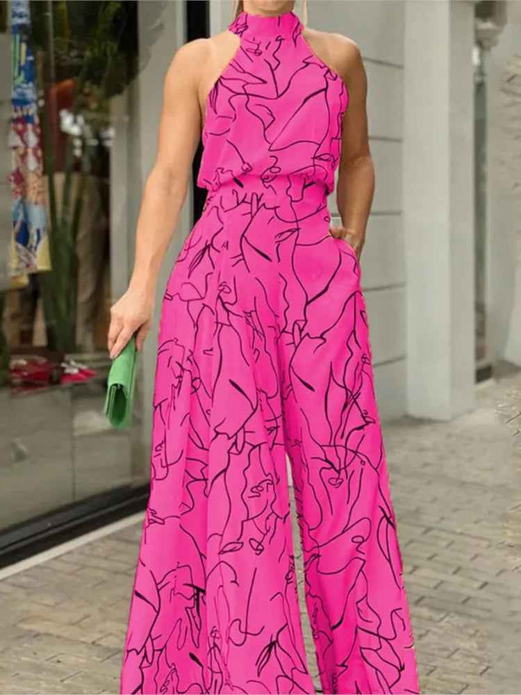 Elegant Printed Halter Neck Leace-Up Jumpsuit Women Sleeveless Fashion High Waist Wide Leg Jumpsuits Casual Streetwear New by Wild and Free Boutique