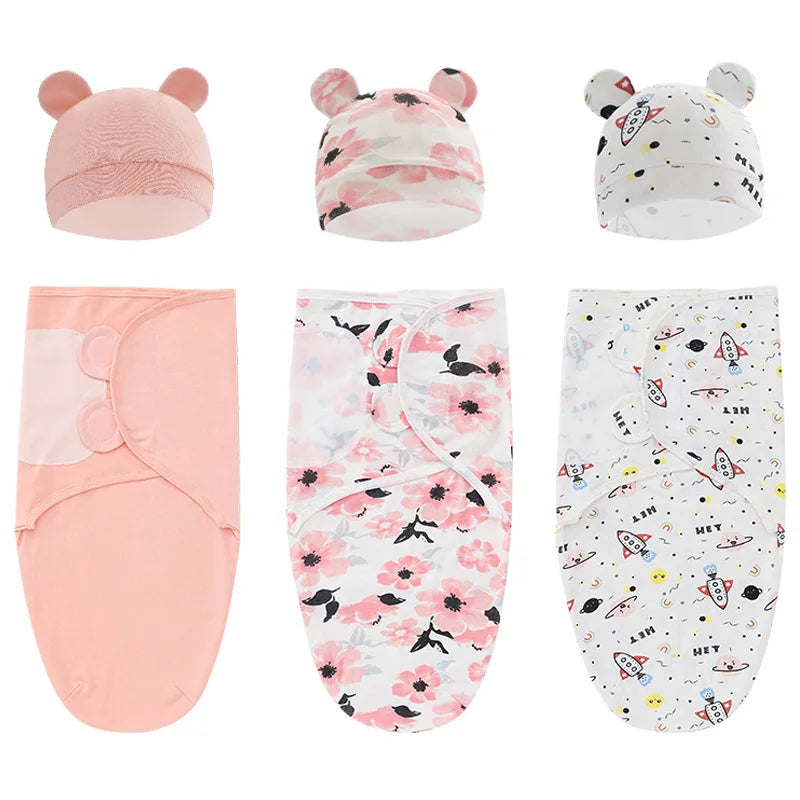 Baby Blanket Hat Set Cartoon Printed Cotton Newborn Swaddle Adjustable Infant Sleeping Swaddle Wraps All Seasons 0-6 Months by FLIPSTYLEZLLC