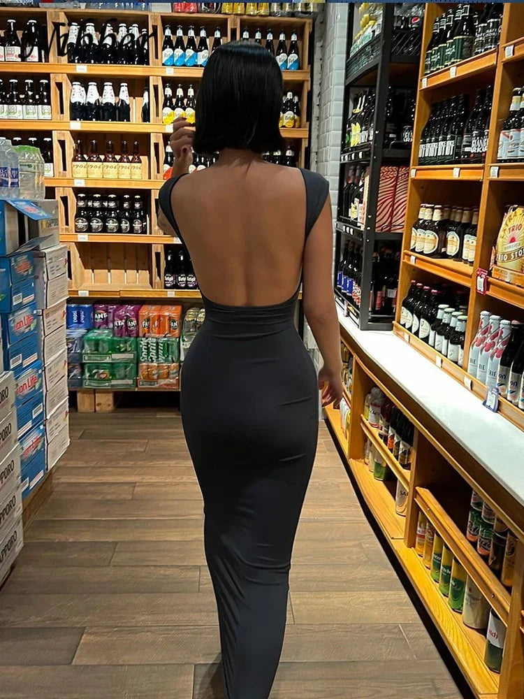 Nibber Solid Sexy Backless Maxi Dress Women Elegant Elastic Slim Short Sleeve Long dresses Female Bodycon Streetwear Clothing by Urban Fashion Icon