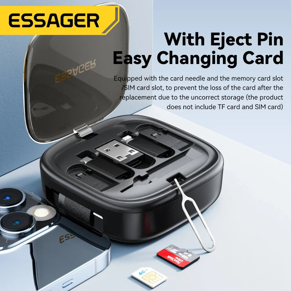 Essager 60W Fast Charge USB A/C To TypeC Micro Lightning Cable Mini Multifunctional Travel Storage Box With Phone Holder Pin Set by FLIPSTYLEZLLC