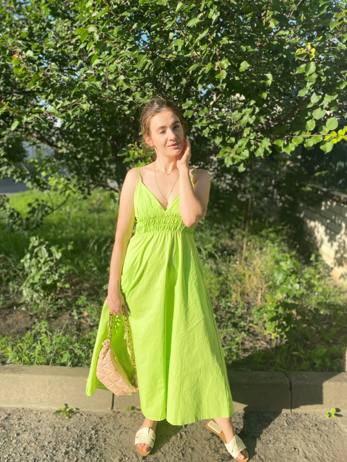 Foridol Elastic Smocking Green Cotton V Neck Summer Women's Dress Sleevless Long Green Maxi Casual Strapy Dress Solid Female by Ladyez