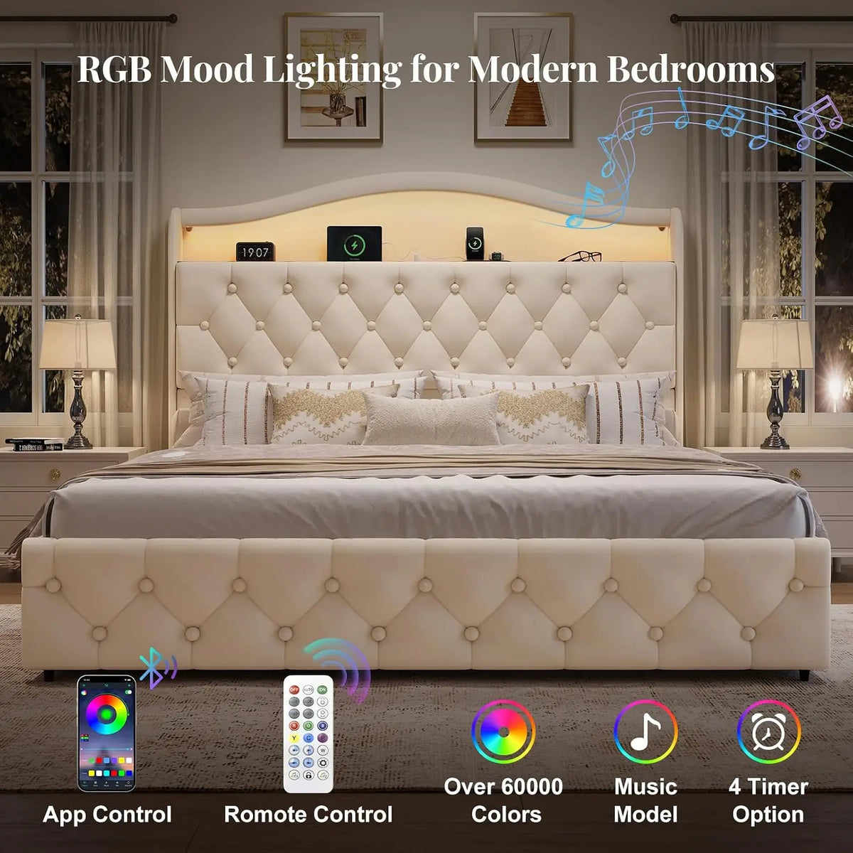 Queen Size Bed Frame and Headboard & 4 Storage Drawers, Upholstered Platform Bed Frame with RGB LED Lights &, Customized by FLIPSTYLEZLLC