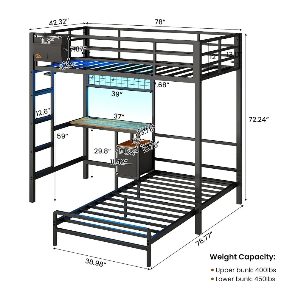 Twin Over Twin Bunk Bed,Built-in Desk & Charging Station & LED Lights with Storage Drawers,Bedroom Furniture, Custom by FLIPSTYLEZLLC