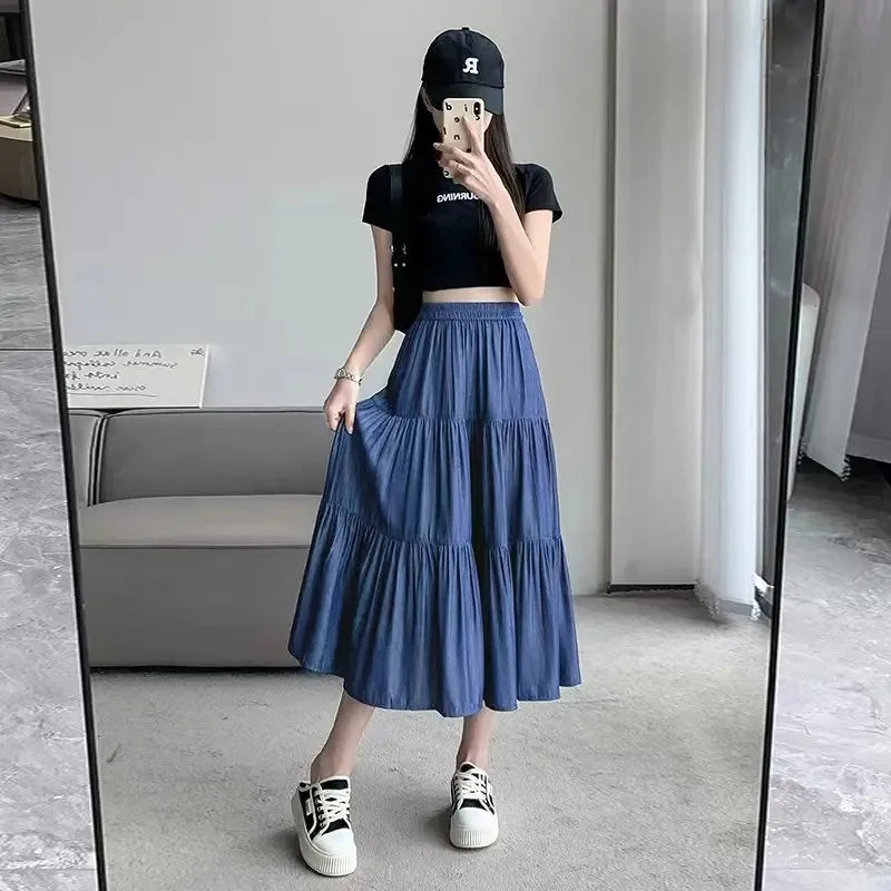 Spring Summer Women Skirts Vintage High Waist Elastic Patchwork White Black Chic Long Cake A-line Skirt by Urban Fashion Icon