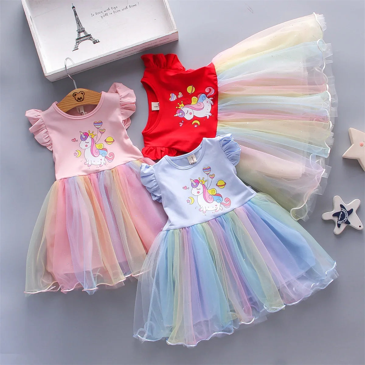 A Cute Girl'S Dress From 0 To 3 Years Old In Summer Sleeveless Love Trojan Horse Print Patchwork Rainbow Mesh Daily Casual Dress by Urban Fashion Icon