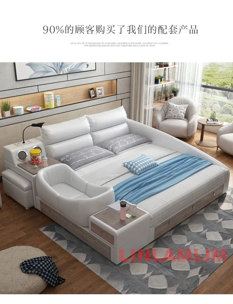 Modern Multifunctional Genuine Leather Platform Bed Frame, King Size Upholstered Family Bed with Integrated Baby Crib, Drawers by FLIPSTYLEZLLC