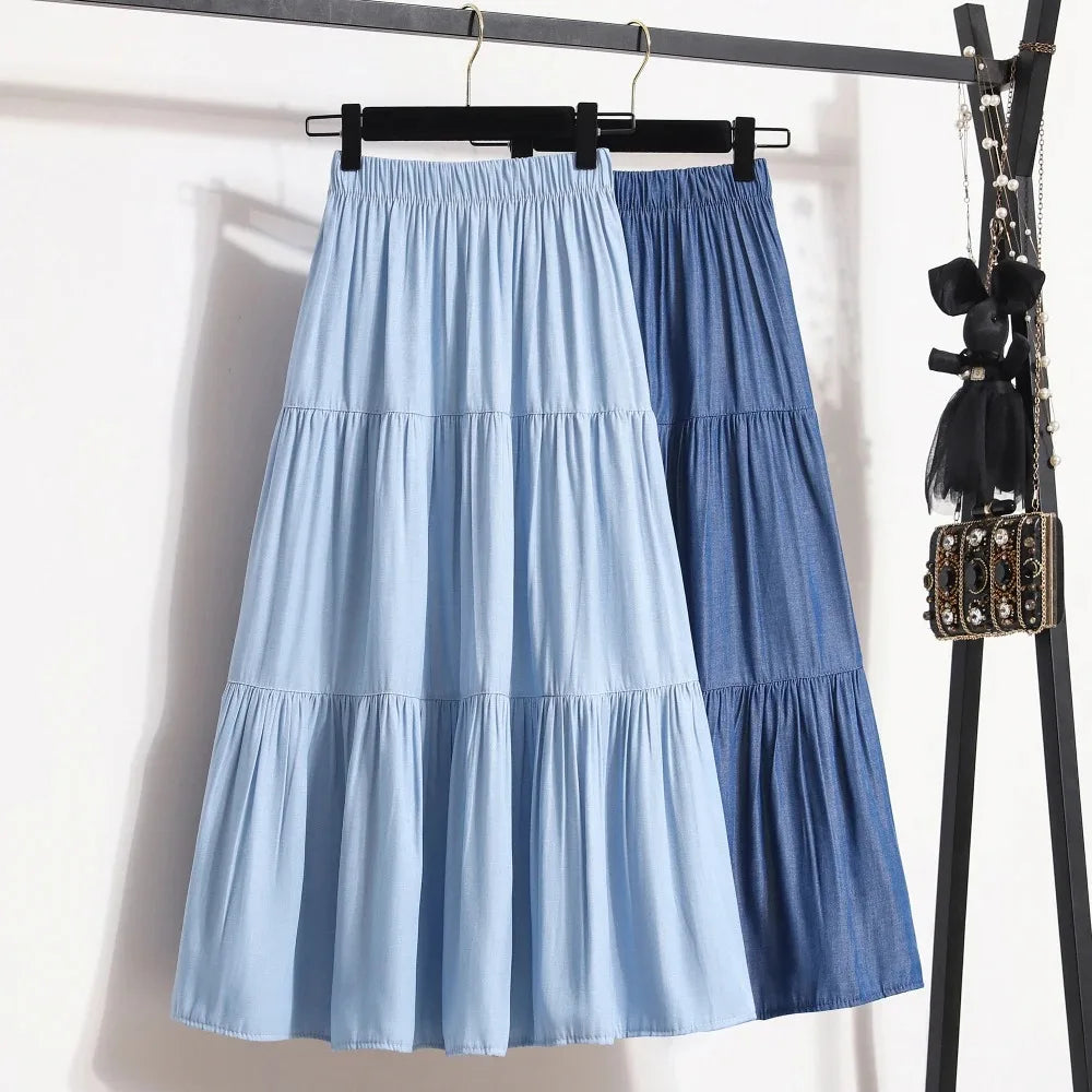 Spring Summer Women Skirts Vintage High Waist Elastic Patchwork White Black Chic Long Cake A-line Skirt by Urban Fashion Icon