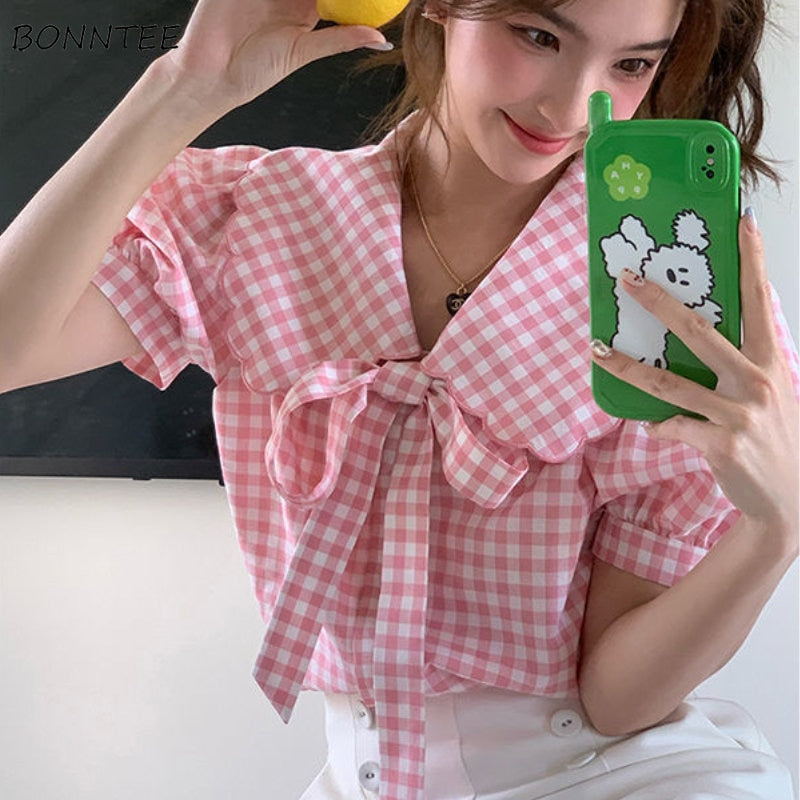 Gingham Peter Pan Collar Shirt by Kore Kawaii