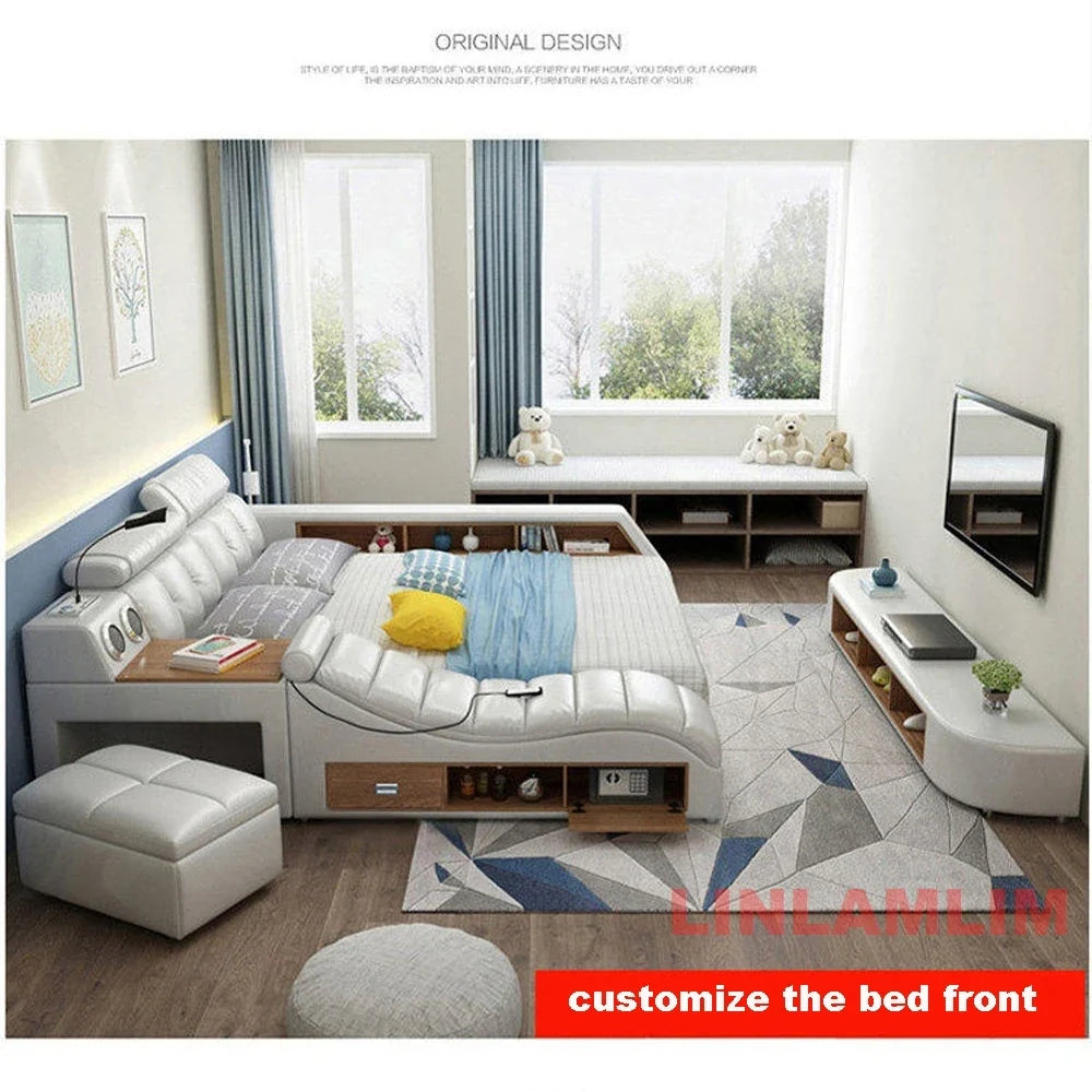 MINGDIBAO All In One Bed, Luxury Multifunctional Genuine Leather Bed Frame with Tatami, Tech Smart Ultimate Lit 2 Personnes by FLIPSTYLEZLLC