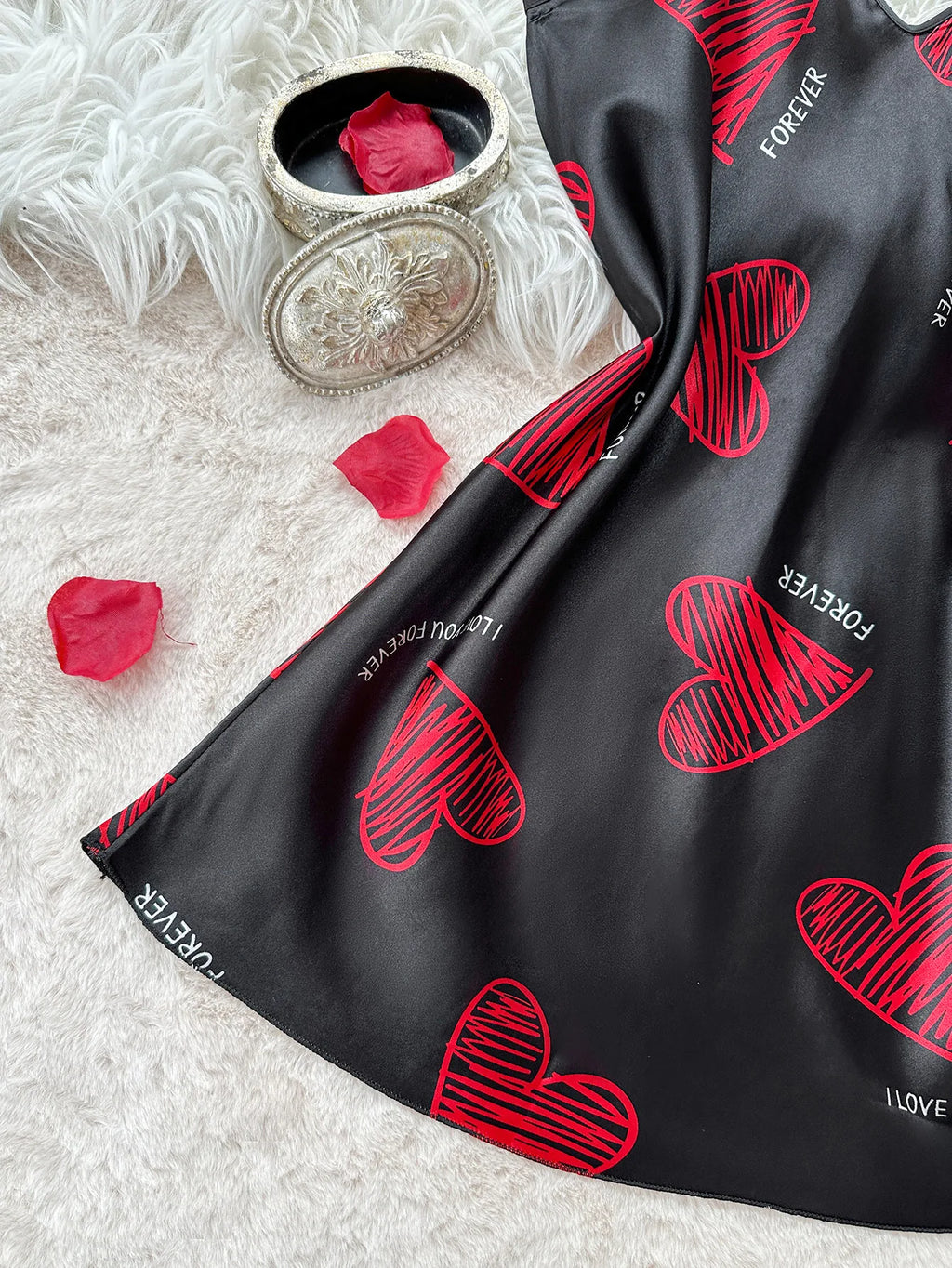 Valentine's Day Red Lip Print Satin Slip Nightdress V Neck Backless Mini Sleep Dress Women's Sleepwear Dresses by Urban Fashion Icon