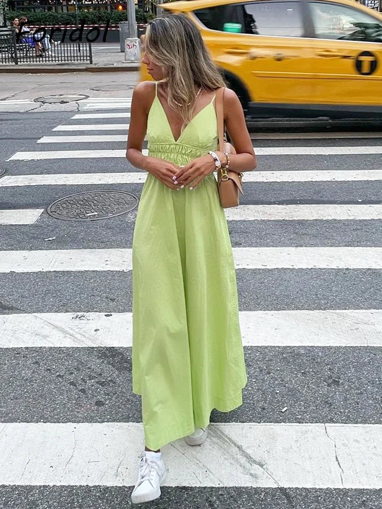 Foridol Elastic Smocking Green Cotton V Neck Summer Women's Dress Sleevless Long Green Maxi Casual Strapy Dress Solid Female by Ladyez