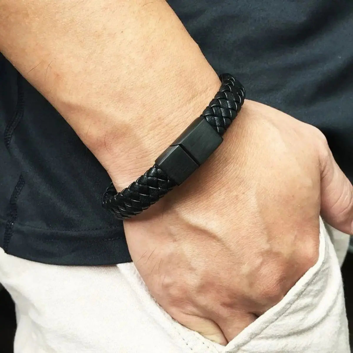 Retro Men's Leather Open Bangle, Simple Multi-Size Woven Leather Hand by AliExpress