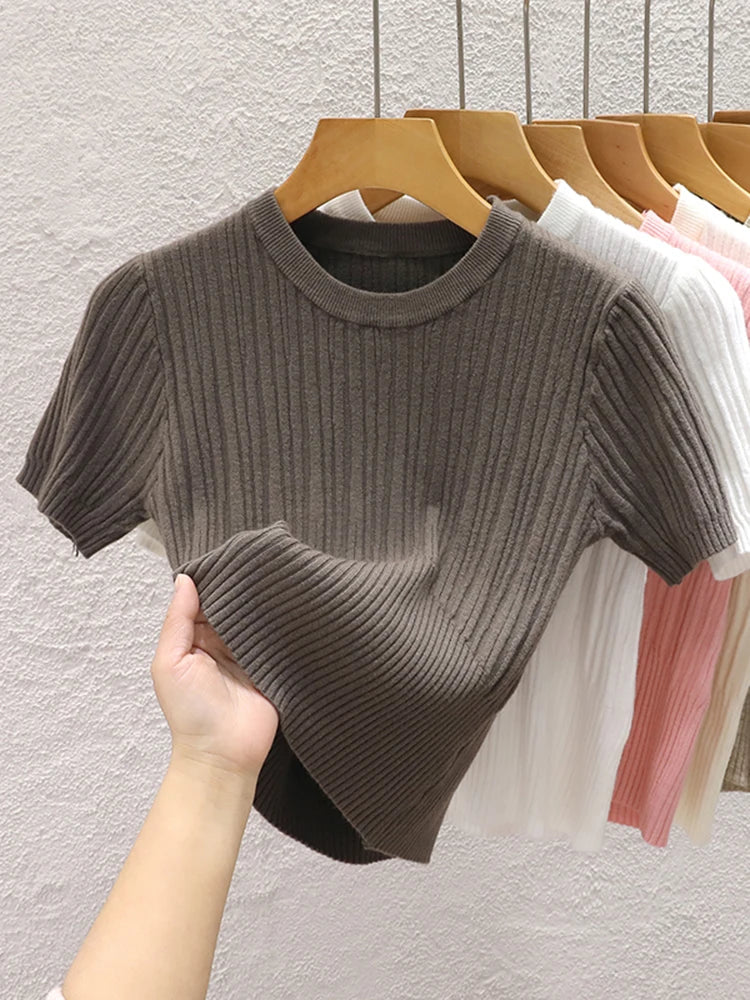 2026 Summer T shirts for Women Casual Female Korean Knit Streetwear Tees Basic Solid Young Cool Tops by Urban Fashion Icon
