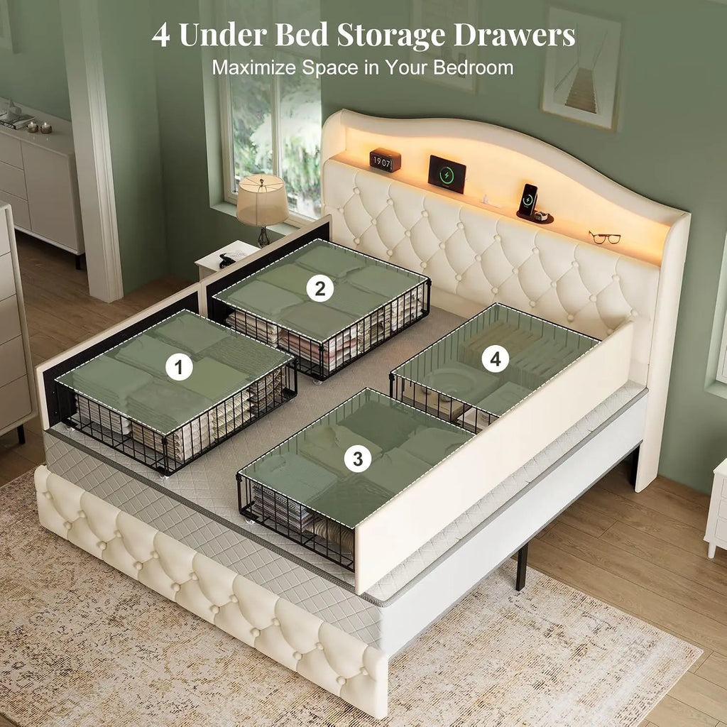 Queen Size Bed Frame and Headboard & 4 Storage Drawers, Upholstered Platform Bed Frame with RGB LED Lights &, Customized by FLIPSTYLEZLLC