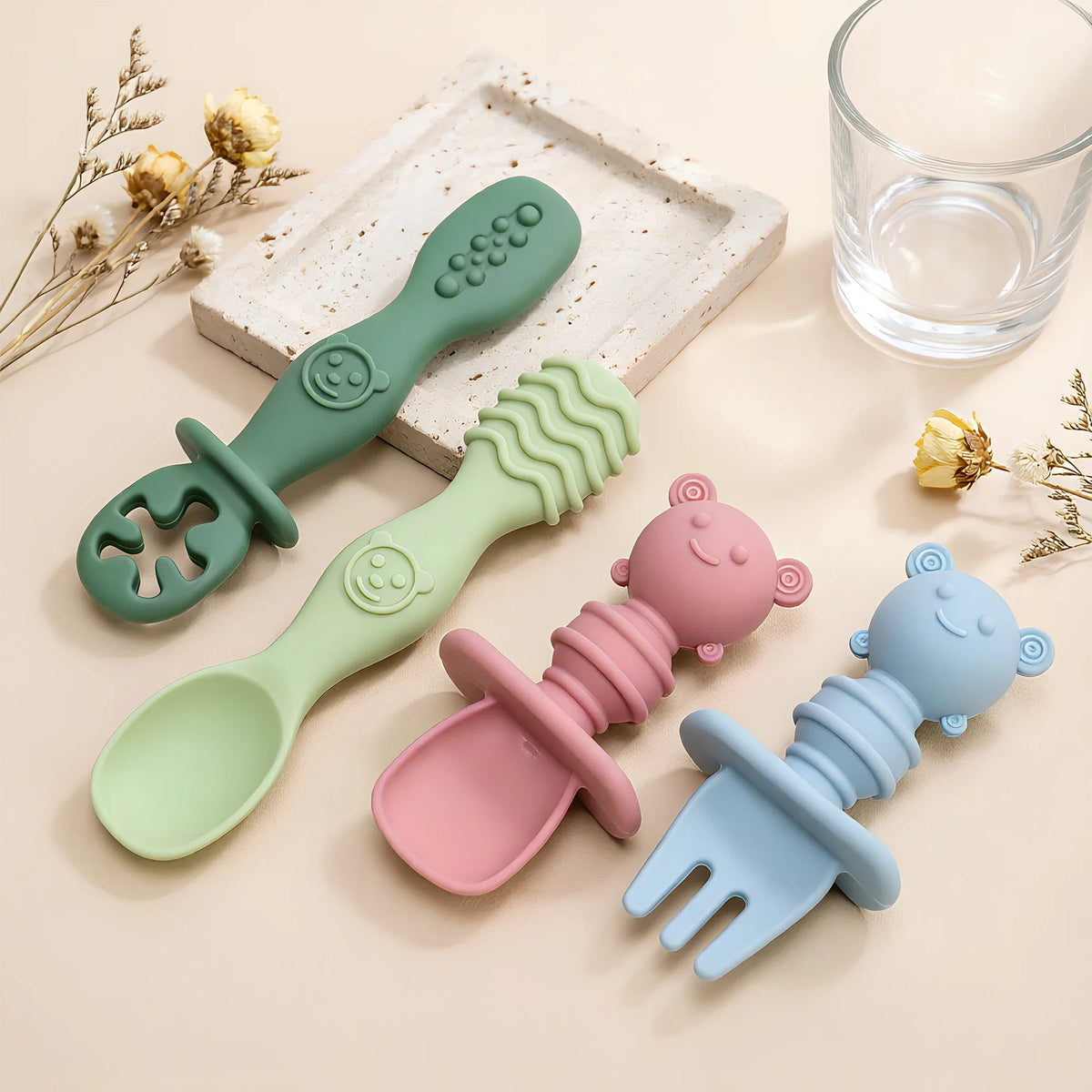 4pcs Silicone Spoon & Fork Set Long & Short Handles for Different Feeding Needs Baby Self-feeding Training Baby Birthday Gift by FLIPSTYLEZLLC