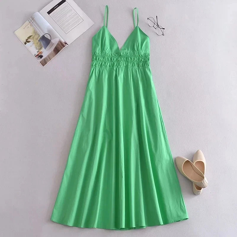 Foridol Elastic Smocking Green Cotton V Neck Summer Women's Dress Sleevless Long Green Maxi Casual Strapy Dress Solid Female by Ladyez