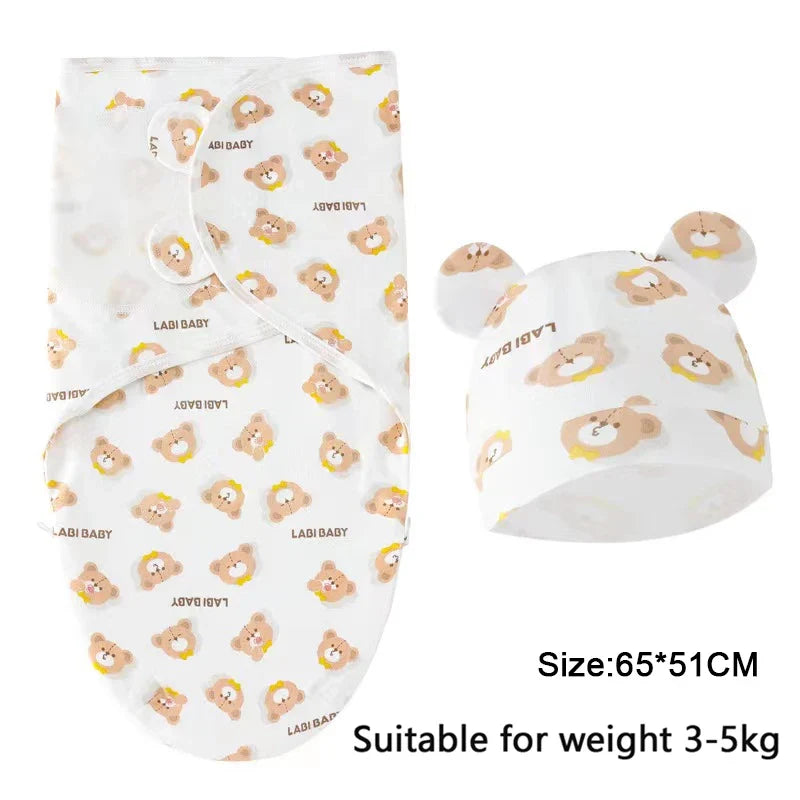 Baby Blanket Hat Set Cartoon Printed Cotton Newborn Swaddle Adjustable Infant Sleeping Swaddle Wraps All Seasons 0-6 Months by FLIPSTYLEZLLC