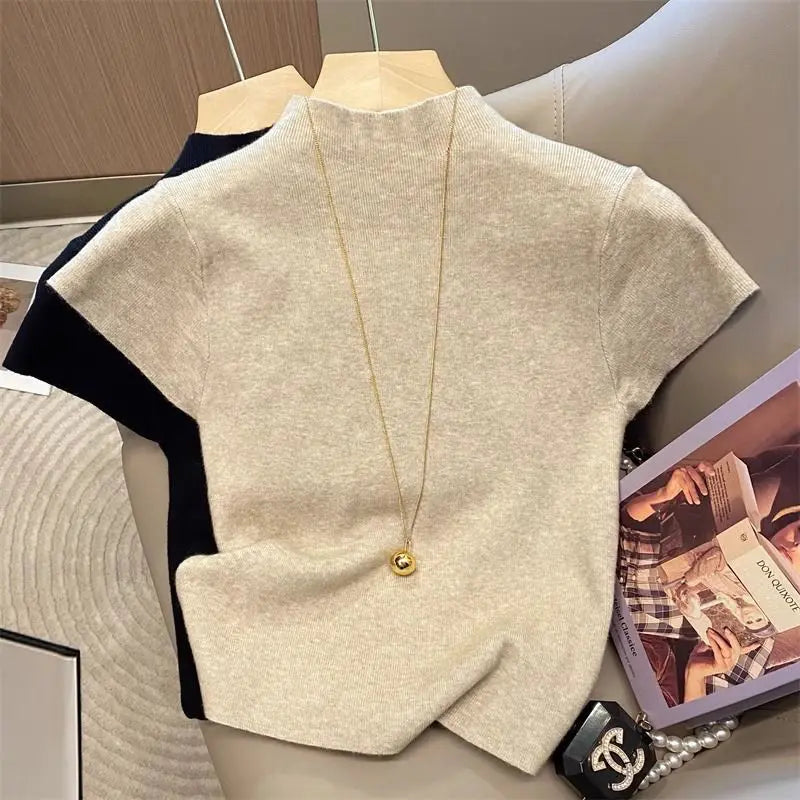 2026 Basic Turtleneck Solid Thin Summer Pullover Women Female Knitted Sweater Slim Short Sleeve Bodycon Sweater by Urban Fashion Icon