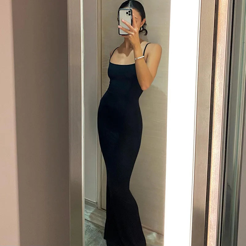 Spaghetti Strap Black Long Sleeveless Skinny Bodycon Dress Y2k by nowadaysfashion