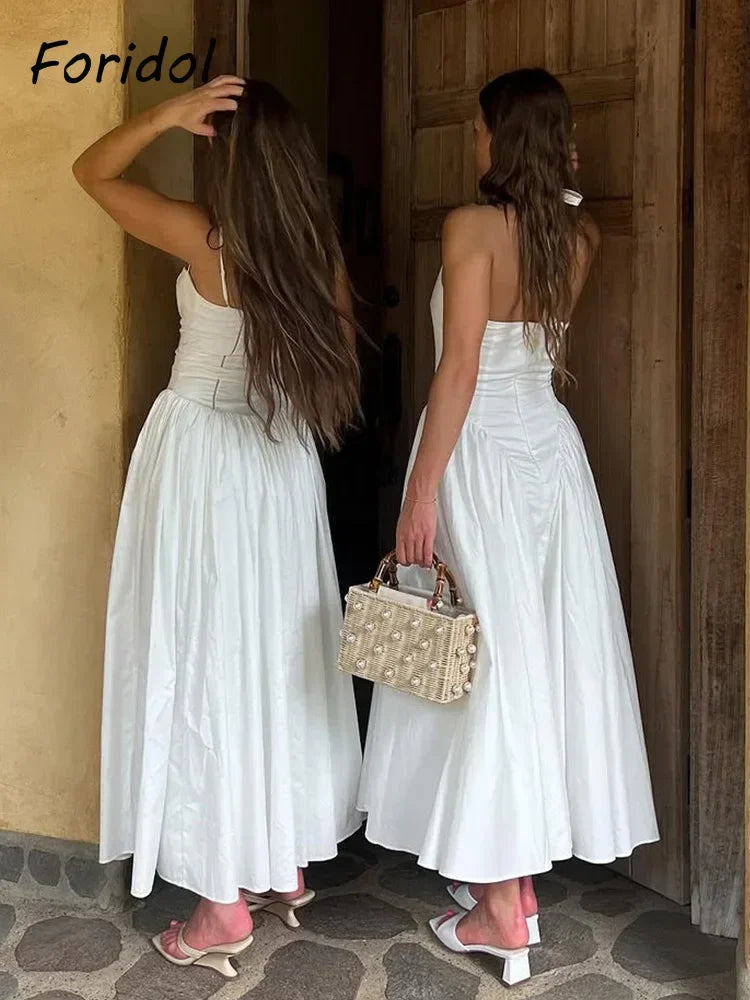 Foridol Summer Spring White Cotton Women's Dress Backless Halter Midi Party Dresses Elegant Vinatge A-line Vestidos 2025 New In by Ladyez