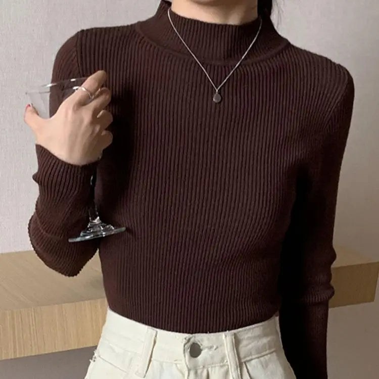 Autumn Winter Mock Neck Women Sweater Vintage Basic Solid Knitted Tops Casual Slim Pullover Korean Sweaters Simple Chic Jumpers by Urban Fashion Icon