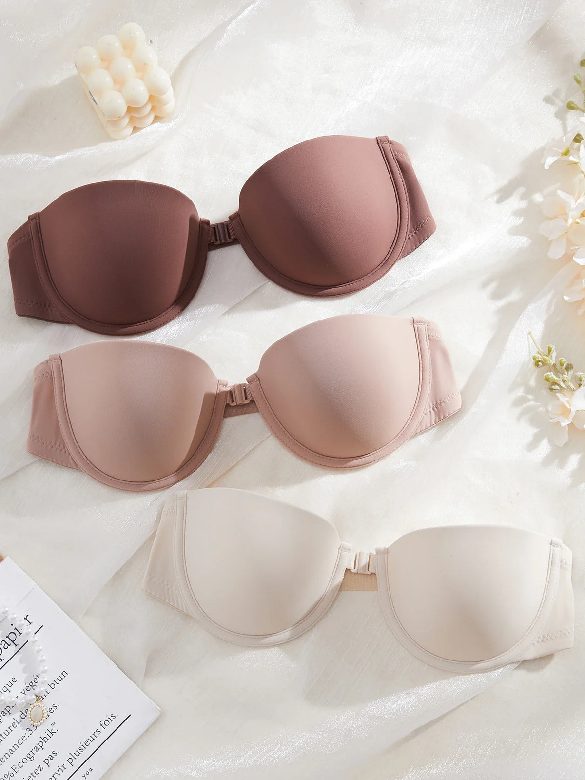 3Pcs/Set Demi Cup Seamless Women's Underwear Set Strapless Push up Bra Female Smooth Underwire Support Bra by Ladyez