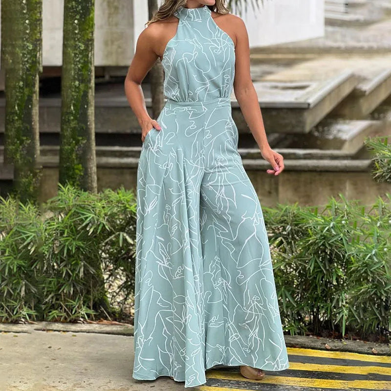 Elegant Printed Halter Neck Leace-Up Jumpsuit Women Sleeveless Fashion High Waist Wide Leg Jumpsuits Casual Streetwear New by Wild and Free Boutique