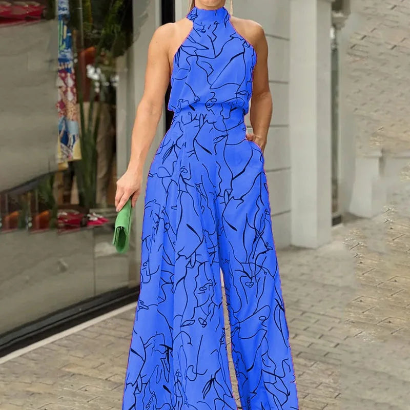 Elegant Printed Halter Neck Leace-Up Jumpsuit Women Sleeveless Fashion High Waist Wide Leg Jumpsuits Casual Streetwear New by Wild and Free Boutique